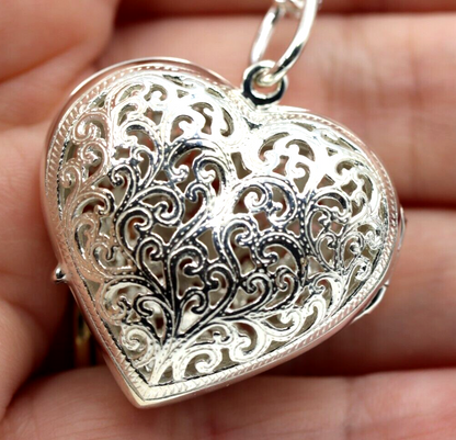 Sterling Silver 50cm Necklace & Large Filigree Heart Locket Pendant