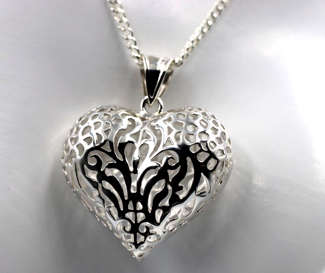 Sterling Silver 925 50cm Necklace & Large Filigree Heart Pendant