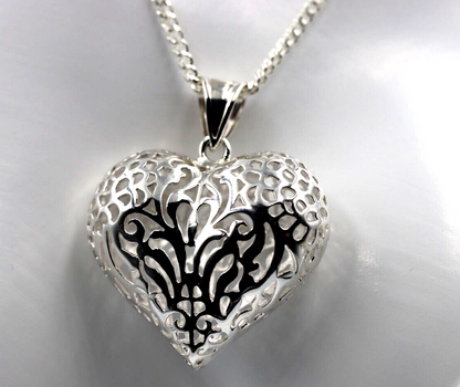 Sterling Silver 925 50cm Necklace & Large Filigree Heart Pendant