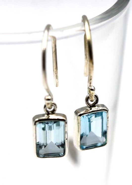 Genuine Sterling Silver Blue Topaz Bezel Hook Earrings