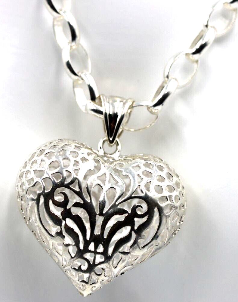 Heavy Sterling Silver 50cm Belcher Necklace & Filigree Heart Pendant