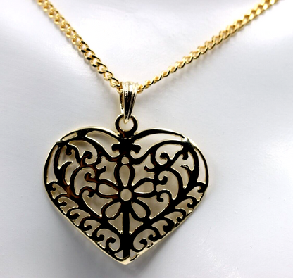 Genuine 9ct Yellow Gold Solid Filigree Heart Pendant & Necklace Chain-Free post