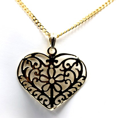 Genuine 9ct Yellow Gold Solid Filigree Heart Pendant & Necklace Chain-Free post