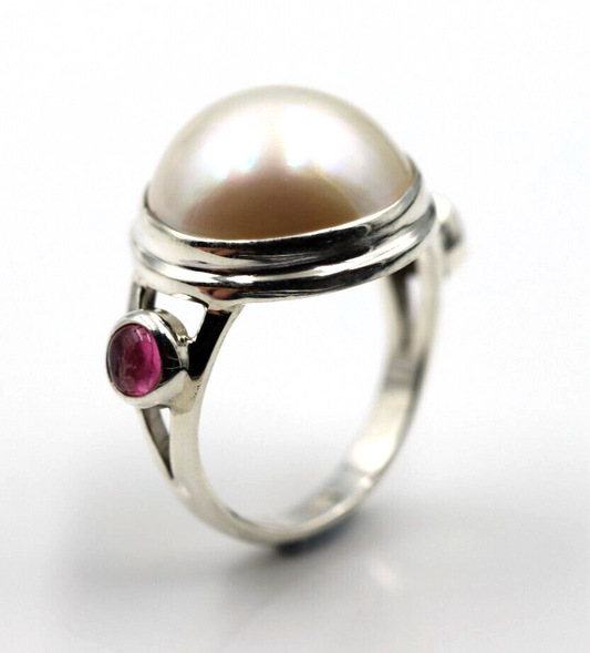 Size O Sterling Silver 925 Tourmaline + Mabe Pearl Ring