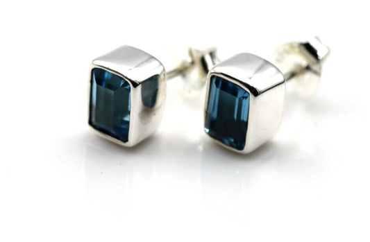 Sterling Silver London Blue Topaz Bezel Rectangle Stud Earrings