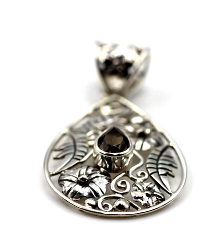 Sterling Silver Flower Filigree Smoky Quartz Teardrop Pendant