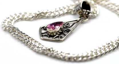 Sterling Silver 925 Pink Sapphire Swirl Pendant + 55cm Heavy Curb Chain