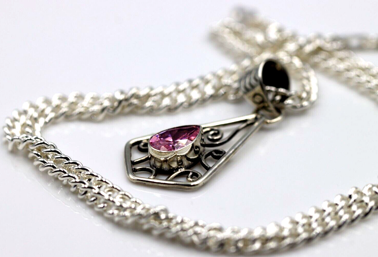 Sterling Silver 925 Pink Sapphire Swirl Pendant + 55cm Heavy Curb Chain