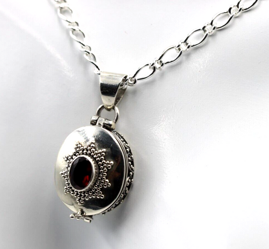 Sterling Silver Oval Garnet Memorial Pendant Locket + Chain / Necklace