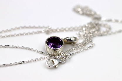 Sterling Silver 925 Round Amethyst Pendant & 65cm Chain Necklace