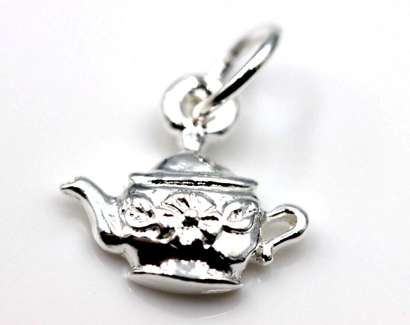 Solid 925 Sterling Silver Teapot Flower Tea Pot Charm Pendant