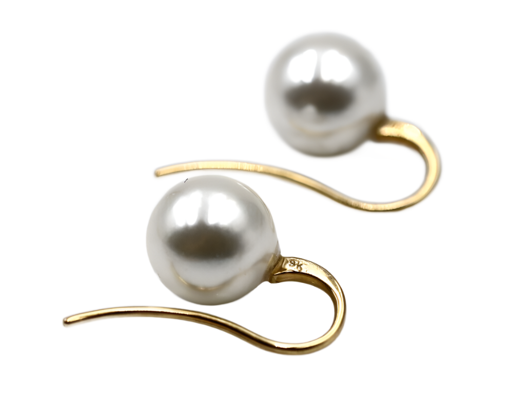 Genuine 9ct Yellow Gold 10mm White Shell Pearl Hook Earrings