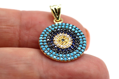 Genuine 14ct Yellow Gold CZ Round Evil Eye Turquoise Pendant -Free post