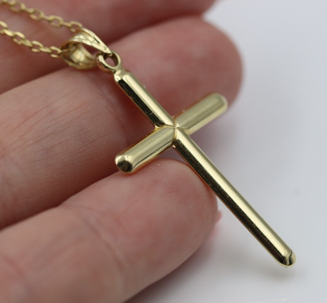 Genuine 14ct 14K 585 Yellow Hollow Gold Cross Pendant + 60cm Necklace-Free post