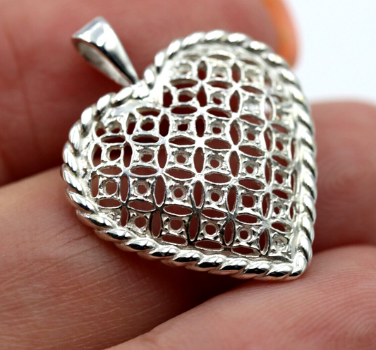 Genuine Sterling Silver or 9ct Yellow, Rose or White Gold  Filigree Heart Rope Pendant