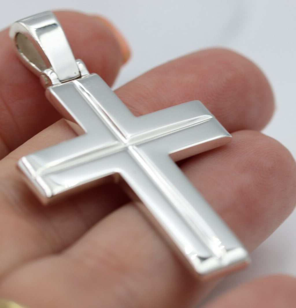 Genuine Solid Sterling Silver Heavy Huge Large Ridged Plain Cross Pendant -  50mm Including Bale x Width 30mm