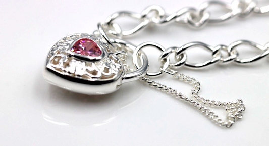 Sterling Silver 925 Heart Padlock (Pink CZ) Figaro Bracelet 19cm