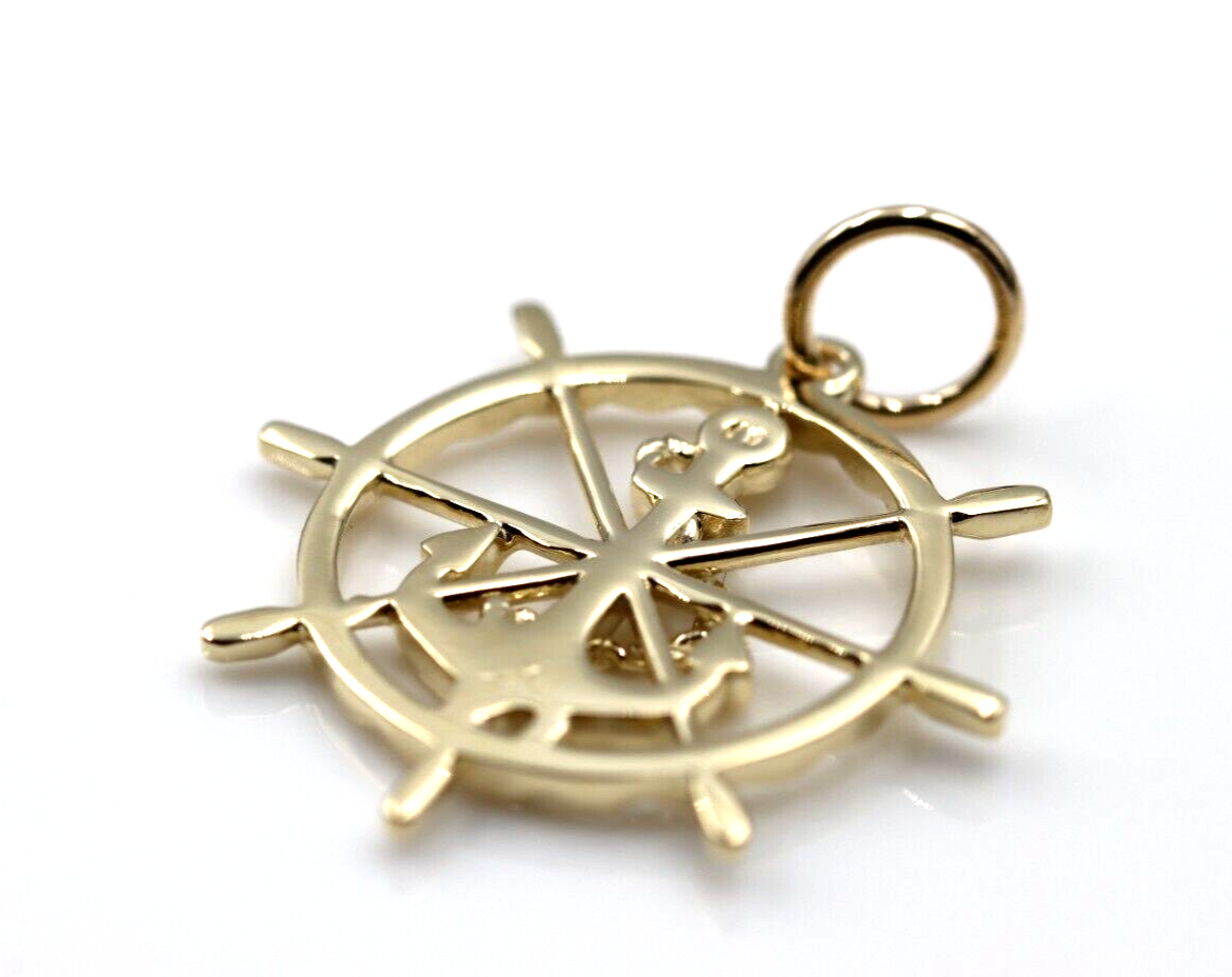 Genuine 9k 9ct Yellow, Rose or White Gold Anchor Wheel Charm Pendant Nautical Pendant