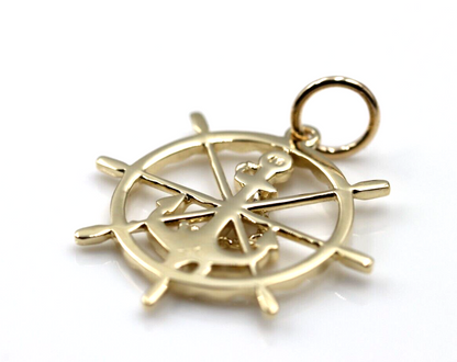 Genuine 9k 9ct Yellow, Rose or White Gold Anchor Wheel Charm Pendant Nautical Pendant