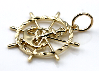 Genuine 9k 9ct Yellow, Rose or White Gold Anchor Wheel Charm Pendant Nautical Pendant