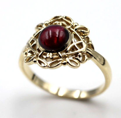 Size R - Genuine 9ct Yellow, Rose or White Gold Round Red Cabochon Garnet Fancy Filigree Ring