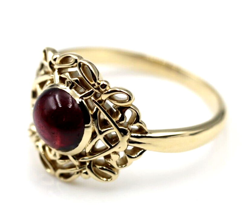 Size R - Genuine 9ct Yellow, Rose or White Gold Round Red Cabochon Garnet Fancy Filigree Ring