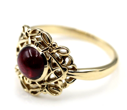 Size R - Genuine 9ct Yellow, Rose or White Gold Round Red Cabochon Garnet Fancy Filigree Ring