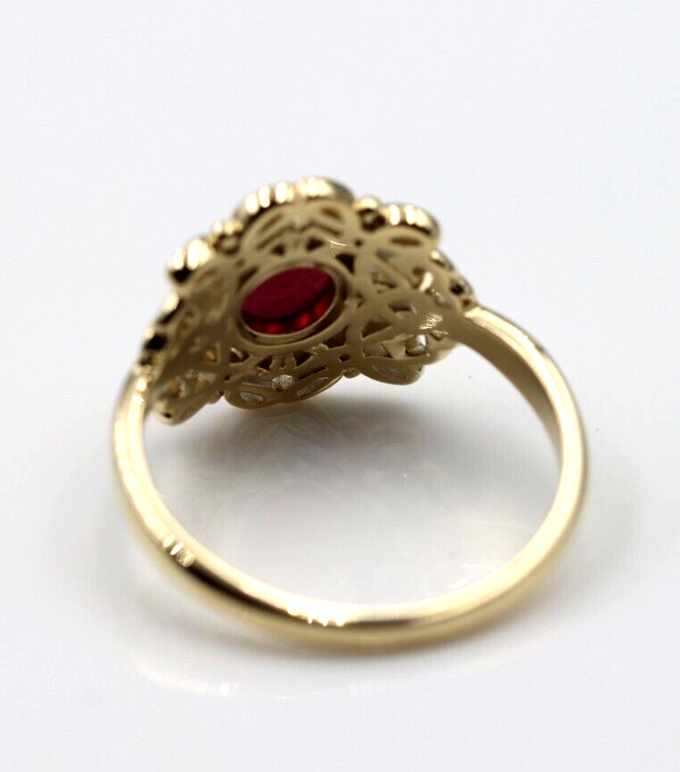 Size R - Genuine 9ct Yellow, Rose or White Gold Round Red Cabochon Garnet Fancy Filigree Ring