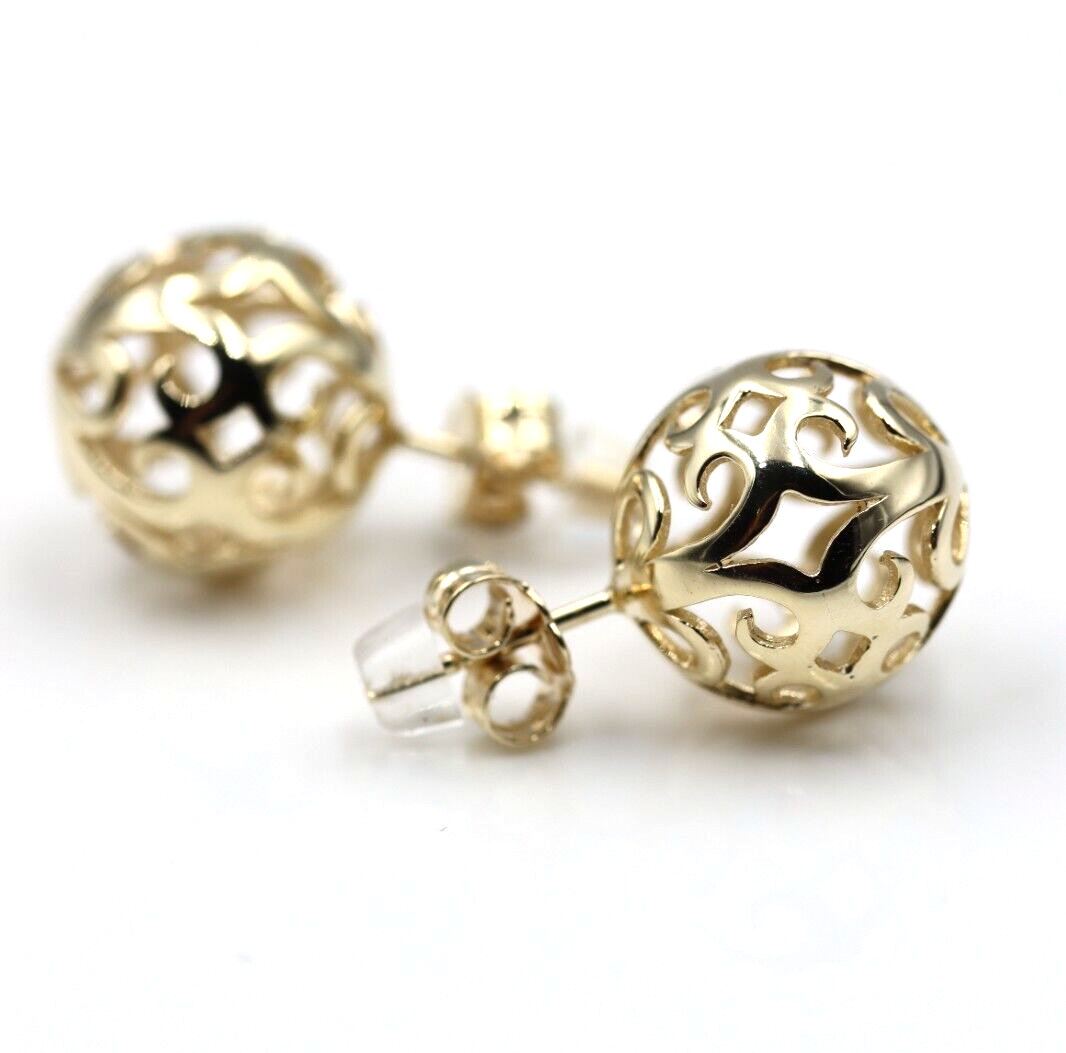 9ct Solid Yellow Rose or White Gold 10mm 12mm or 14mm Filigree Stud Ball Earrings