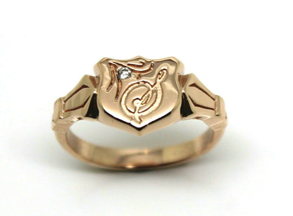 Genuine Solid 9ct 9kt Yellow, Rose or White Gold Shield Signet Ring Size T + Engraving + Diamond