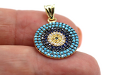 Genuine 14ct Yellow Gold CZ Round Evil Eye Turquoise Pendant -Free post