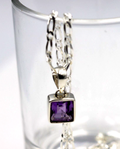 Sterling Silver Square Bezel Set Natural Amethyst Pendant + Necklace