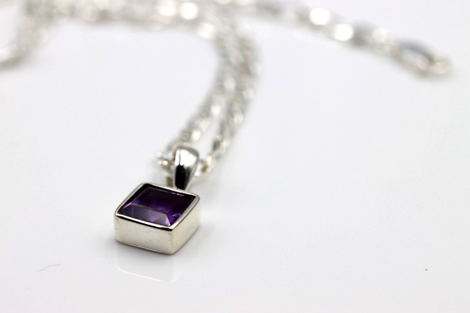 Sterling Silver Square Bezel Set Natural Amethyst Pendant