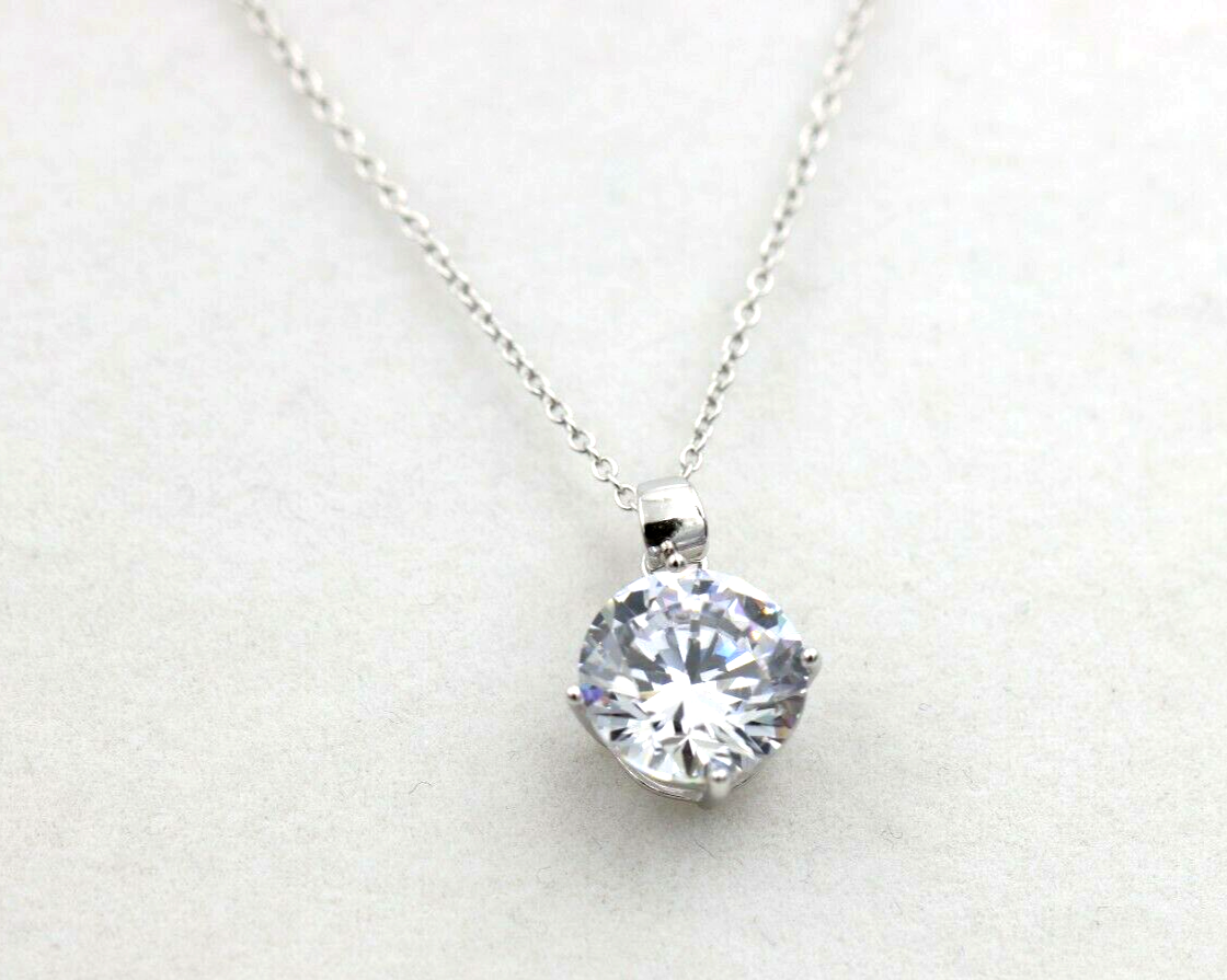 Genuine Sterling Silver 925 11mm 4 Claw Round CZ Pendant + Necklace Chain