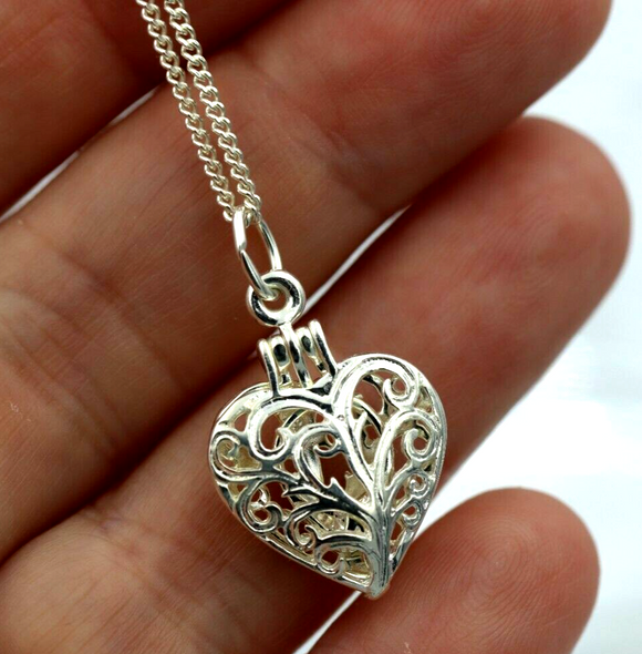 Genuine Sterling Silver Heart Filigree Locket Pendant and Kerb Curb Necklace -Free post