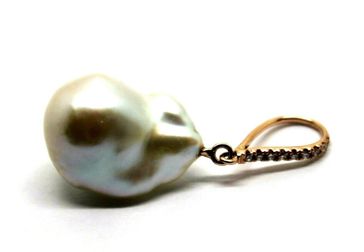 Genuine 18ct 750 Rose Gold Cultured Natural Baroque Pearl & Genuine Diamond Pendant