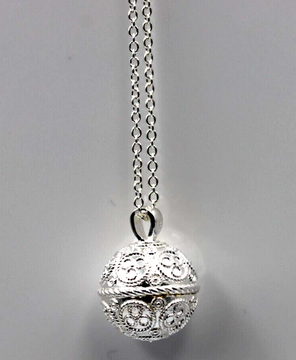 Genuine Sterling Silver Lace Pattern Ball Memorial Pendant with Screw Opening Bail + Necklace