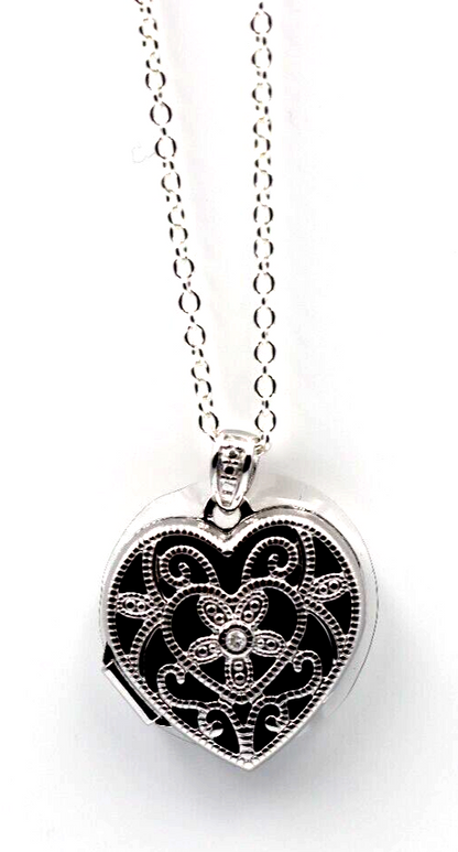 Genuine Sterling Silver Diamond Set Filigree Heart Locket + Necklace