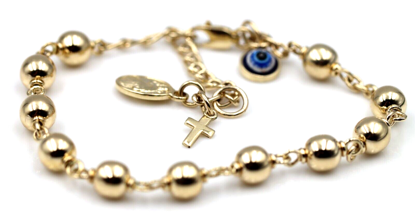 Genuine 9ct Yellow, Rose or White Gold 6mm Ball Rosary Bead bracelet 21cm long + Cross + Evil Eye Charm