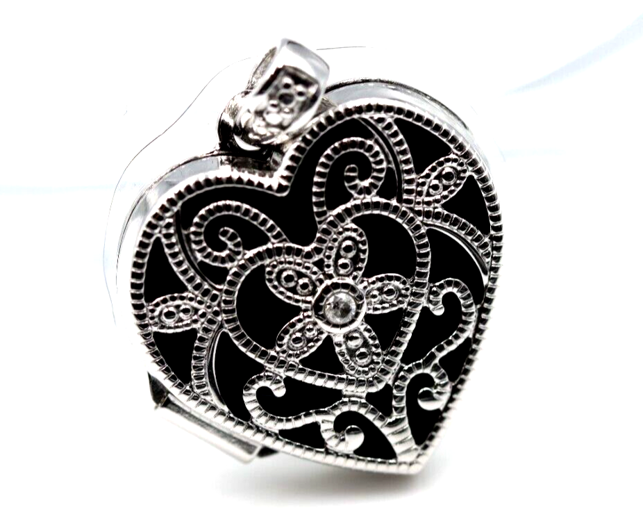 Genuine Sterling Silver Diamond Set Filigree Heart Locket + Necklace