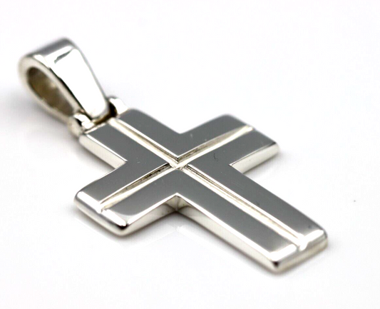 Genuine Solid Sterling Silver Heavy Large Ridged Plain Cross Pendant -  42mm Including Bale x Width 24mm