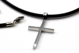 Neoprene Nielit  Stick Sterling Silver Cross Pendant + Rubber Chain Necklace