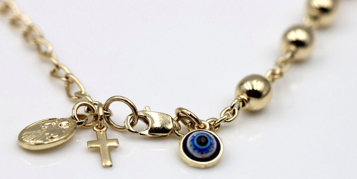 Genuine 9ct Yellow, Rose or White Gold 6mm Ball Rosary Bead bracelet 21cm long + Cross + Evil Eye Charm