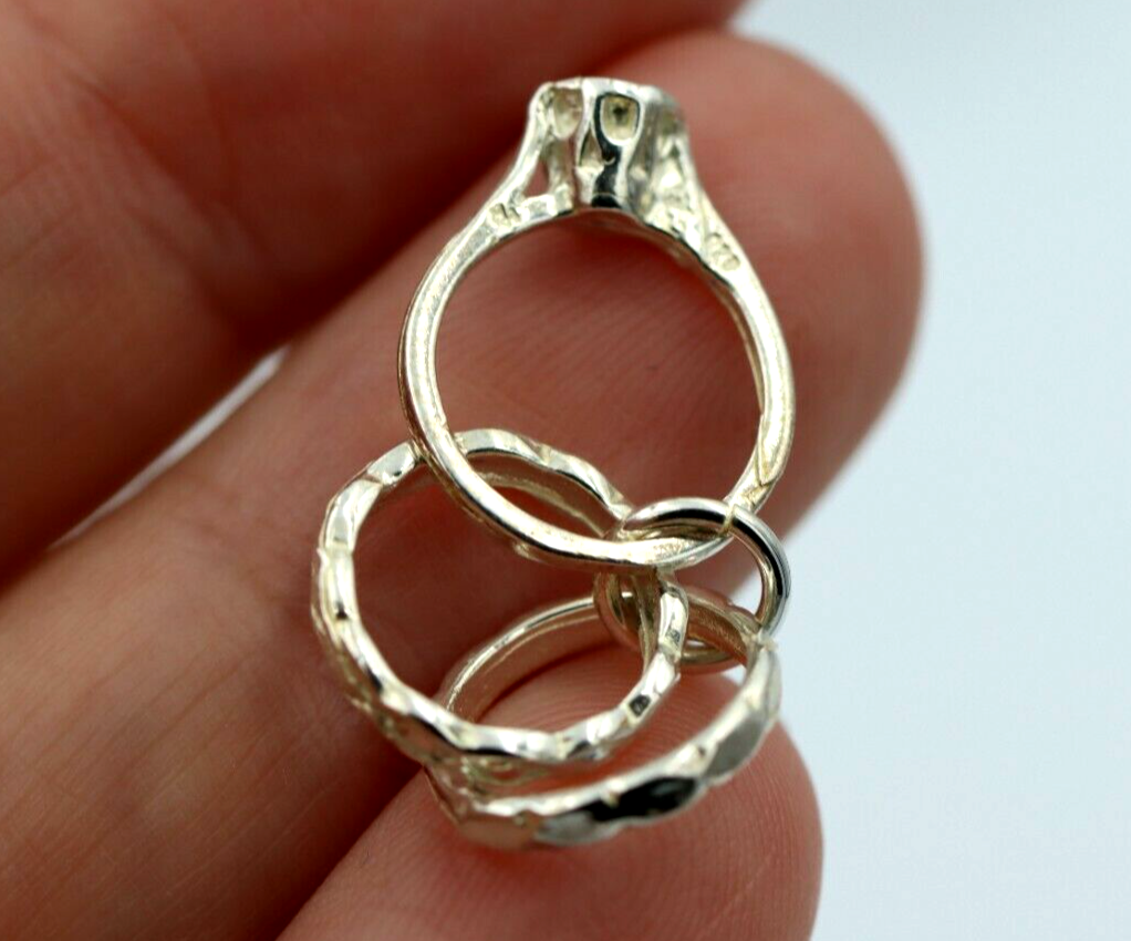 Genuine Sterling Silver Three Rings Charm - 3D Pendant or Charm