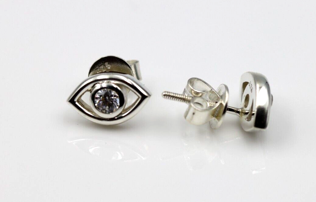 Genuine Sterling Silver 925 Eye Stud Bezel Cubic Zirconia Earrings 9mm wide