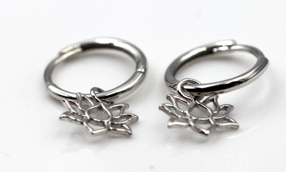 Sterling Silver Hoop Huggies 925 Lightweight Earrings Lotus Flower