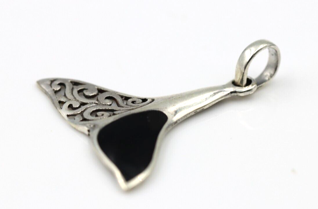 Sterling Silver Large Whale Tail Black Onyx Pendant Charm