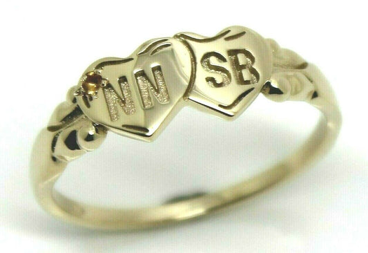 Genuine 9ct 9k Yellow, Rose or White Gold Double Heart Yellow Topaz Birthstone Signet Ring + Engraving