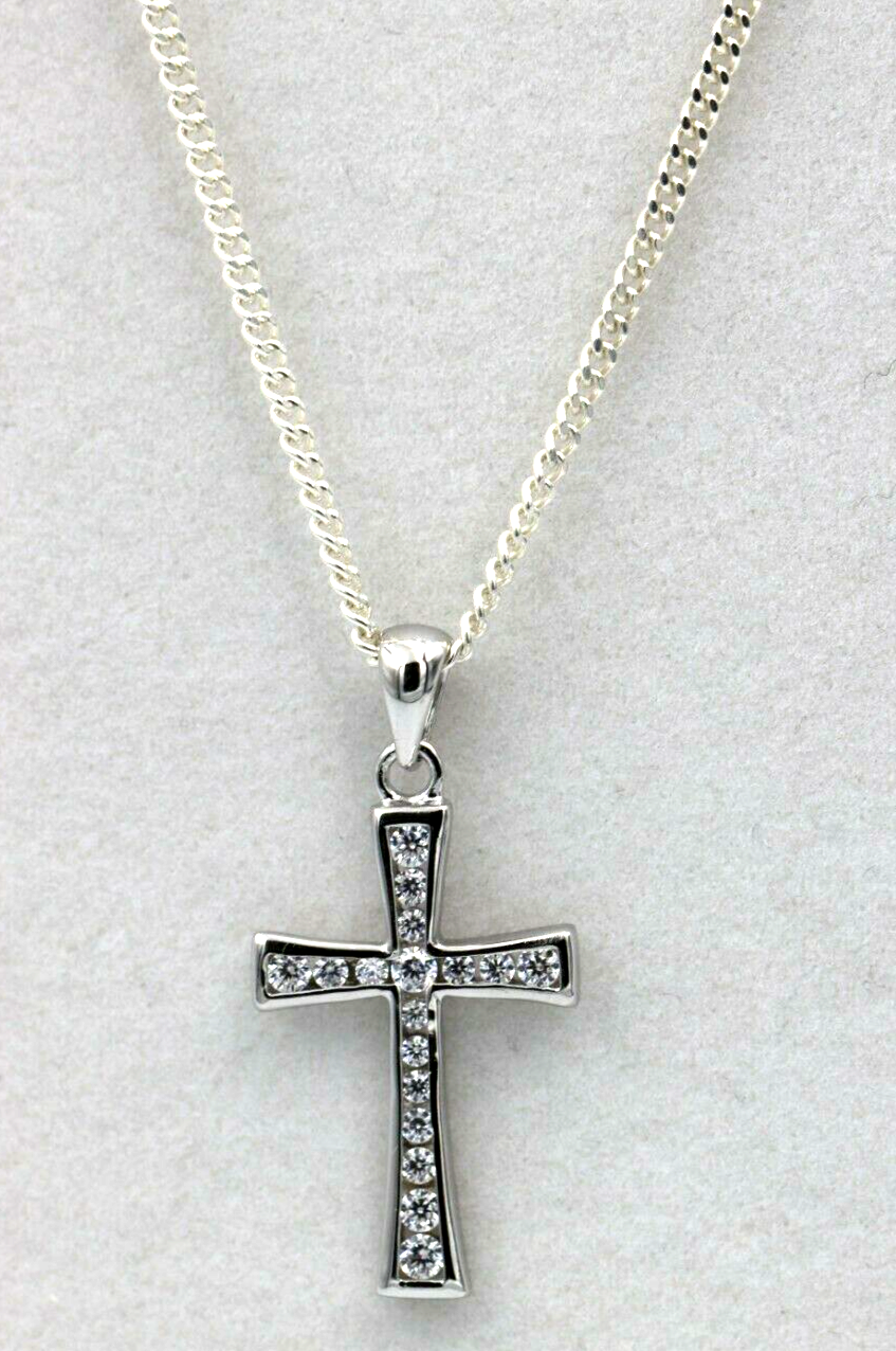 Cubic Zirconia 925 Sterling Silver Cross Pendant + Chain