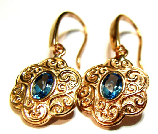 9ct 9k Solid Rose Gold Antique Blue Topaz Filigree Earrings